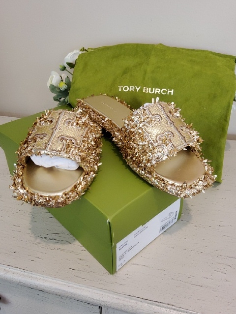 Tory Burch Metallic Gold Fringe Logo Double T Sport Slide Sandals NWT